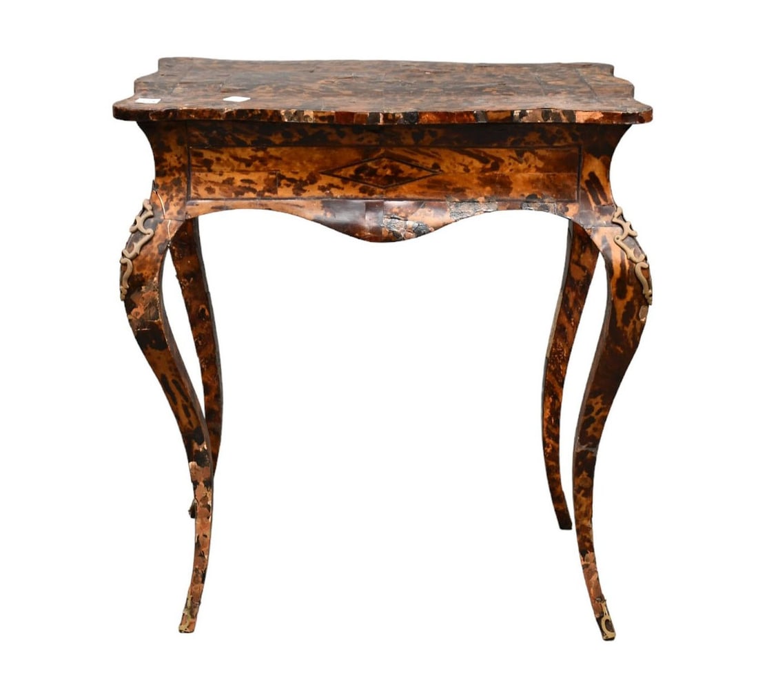 1890's Tortoise Covered Occasional Table on Cabriole Legs, 27 1/2"h x 25"w x 16"d (damaged) (1 of 10)