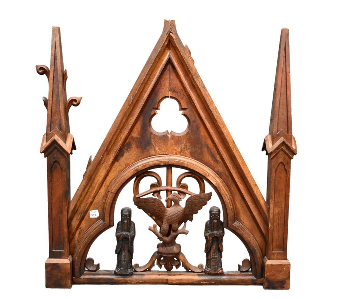 Architectural Wall Mounting Carved Cathedral Form , Embellished with Phoenix & 2 Oriental Figures (1 of 6)