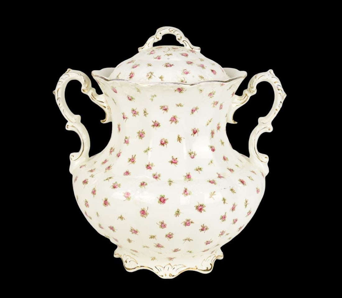 Slop jar with 2 Handles & Decorated Rose Bud Design, Marked Inside Lid 103/ Savoy H. 13 in.; Diam. (1 of 11)