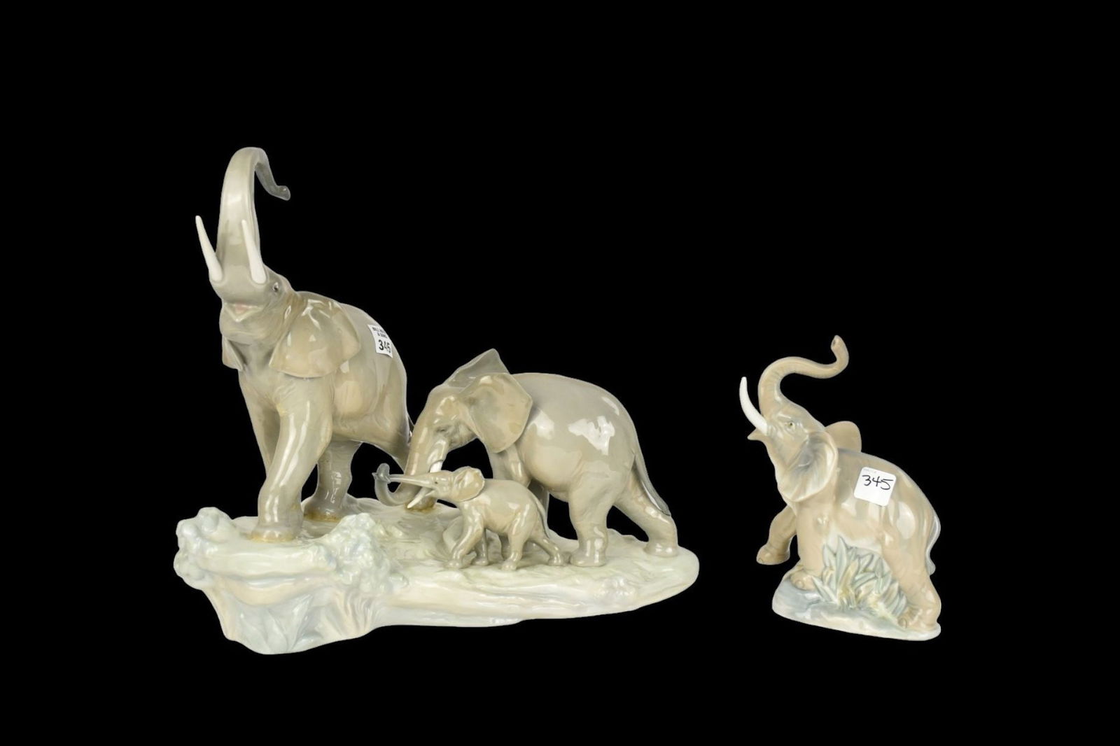 Lladro Glossy Porcelain Figural Grouping of Elephants, 14"h x 15"w AND Spanish Glossy Figure of (1 of 7)