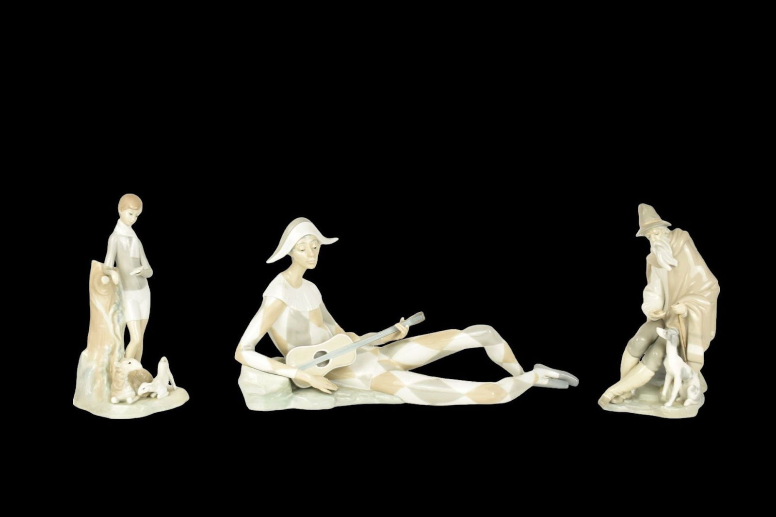 3 Lladro Porcelain Glossy Figures, Reclining Harlequin Playing Guitar, 10"h x 18"w (broken finger), (1 of 8)