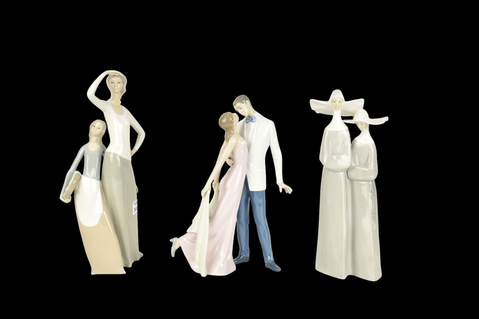 3 Lladro Porcelain Glossy Figures, "Happy Anniversary" Couple, #6475 13"h x 7"w, Figure of 2 Nuns (1 of 5)