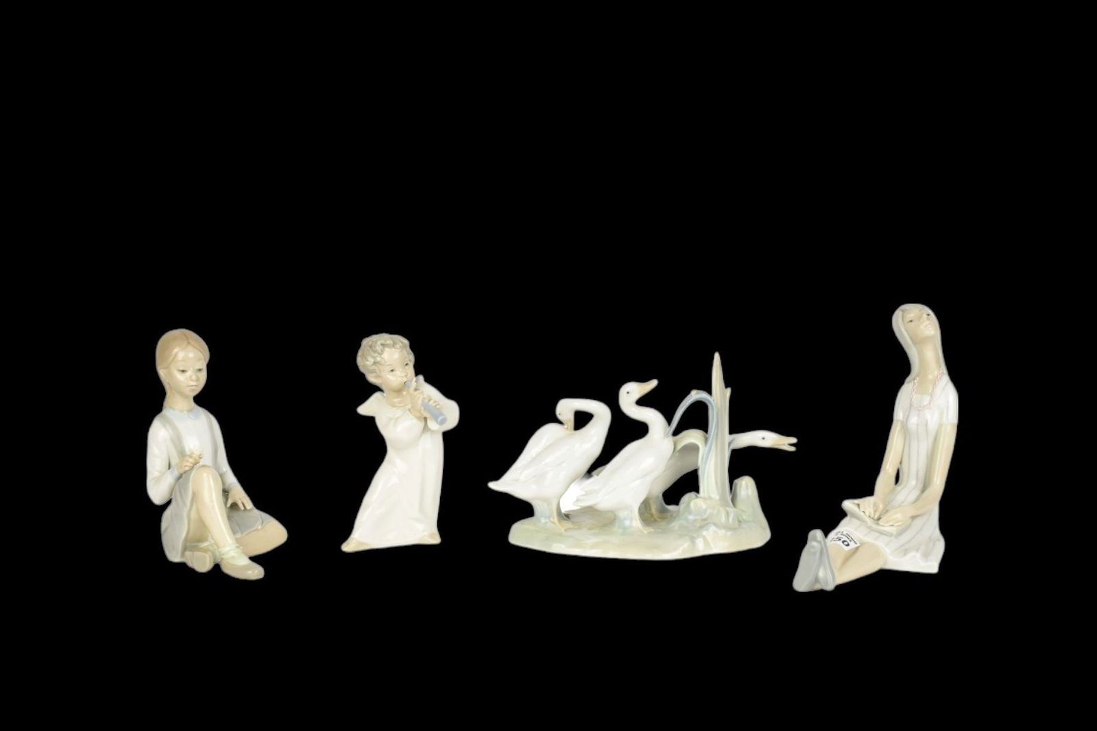 4 Lladro Porcelain Glossy Pcs, Group of Geese #4549, 6"h x 9"w, Seated Young Girl, 7"h, "Thinking (1 of 7)