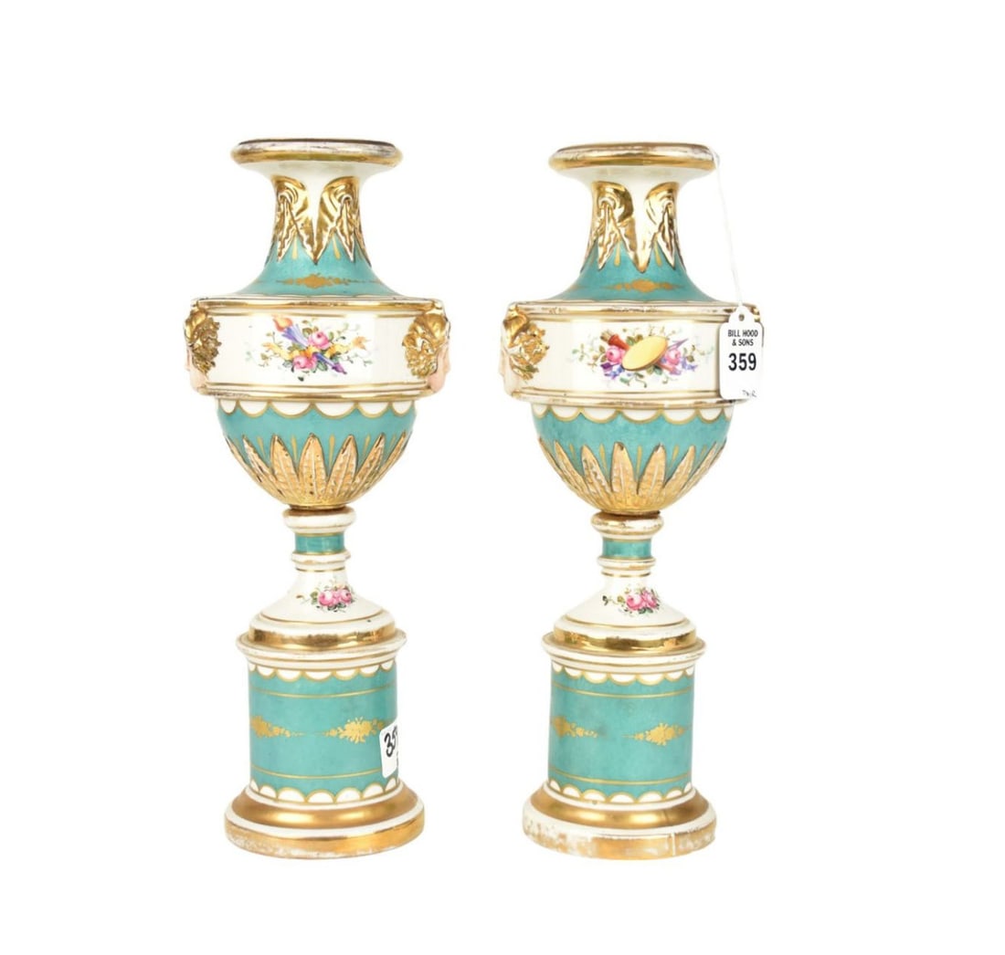Pair Old Paris Porcelain Pedestal Vases - French, c. 19th century. A pair of porcelain vase, areas (1 of 10)