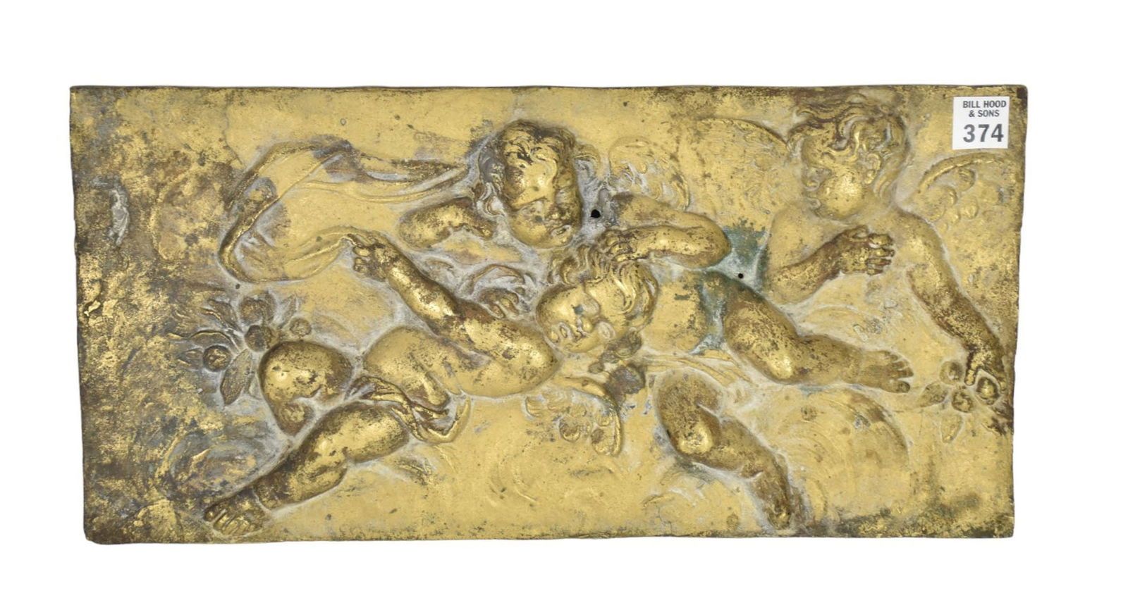 Antique Gilt Bronze Plaque with Putti - A rectangular gilt bronze plaque featuring three (1 of 6)