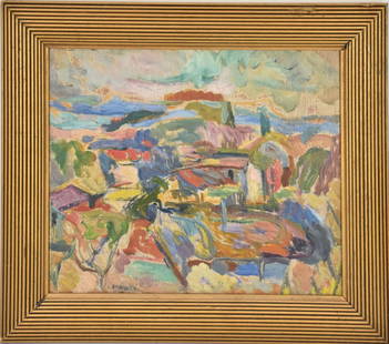 Attributed to: Louis Siegriest (American, 1899-1989) French fauvist, abstract composition landscape,: Attributed to: Louis Siegriest (American, 1899-1989) French fauvist, abstract composition landscape, oil on board, blurred signature-signed lower left, sight 10 x 12 1/4 inches, overall size 14 x 16 i