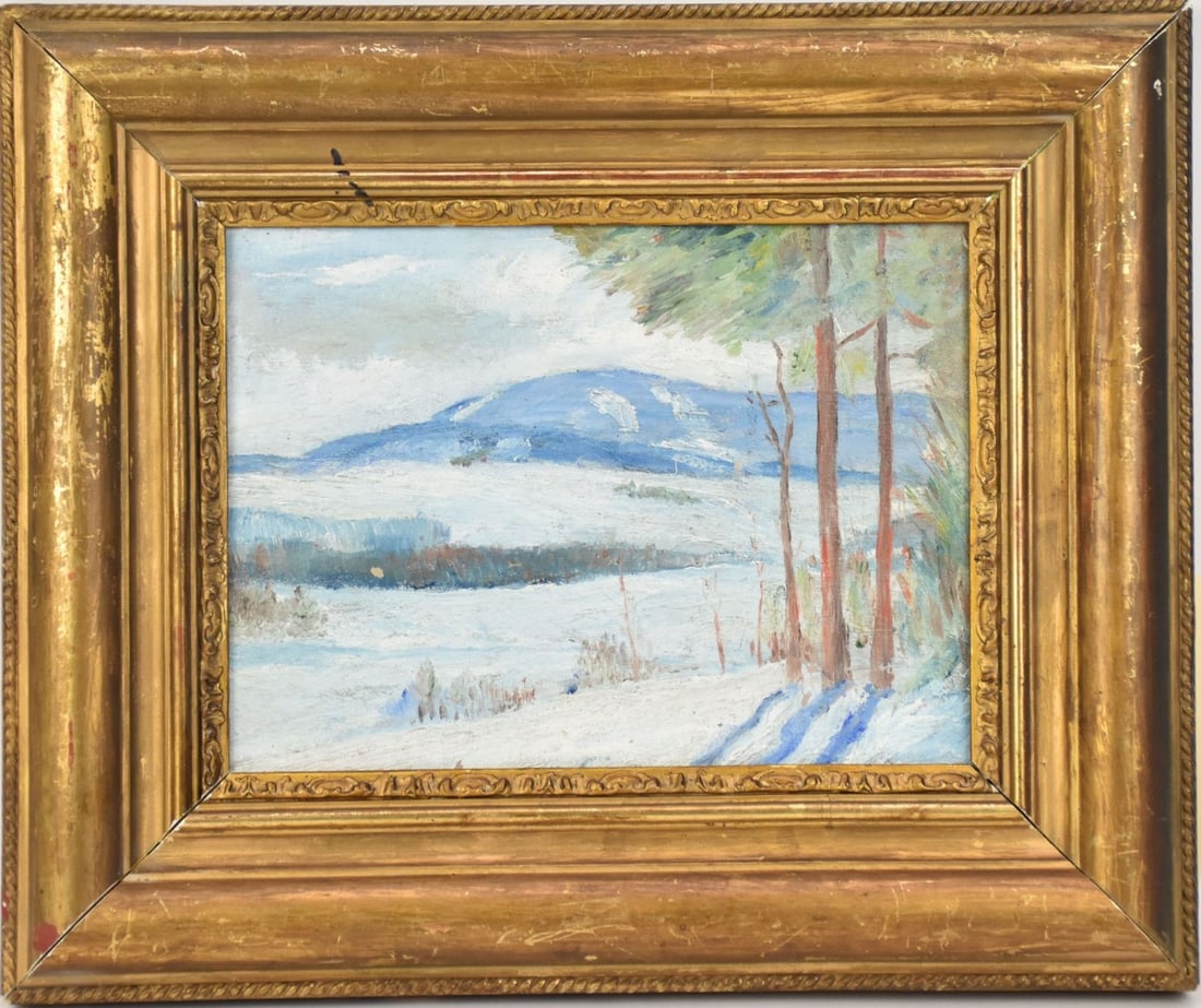 Charles Franklin Chamberlain (American 1871-1947) winterscape, oil on board, unsigned, board size 7: Charles Franklin Chamberlain (American 1871-1947) winterscape, oil on board, unsigned, board size 7 1/2 x 9 3/4 inches, overall size 12 x 14 1/2 inches.