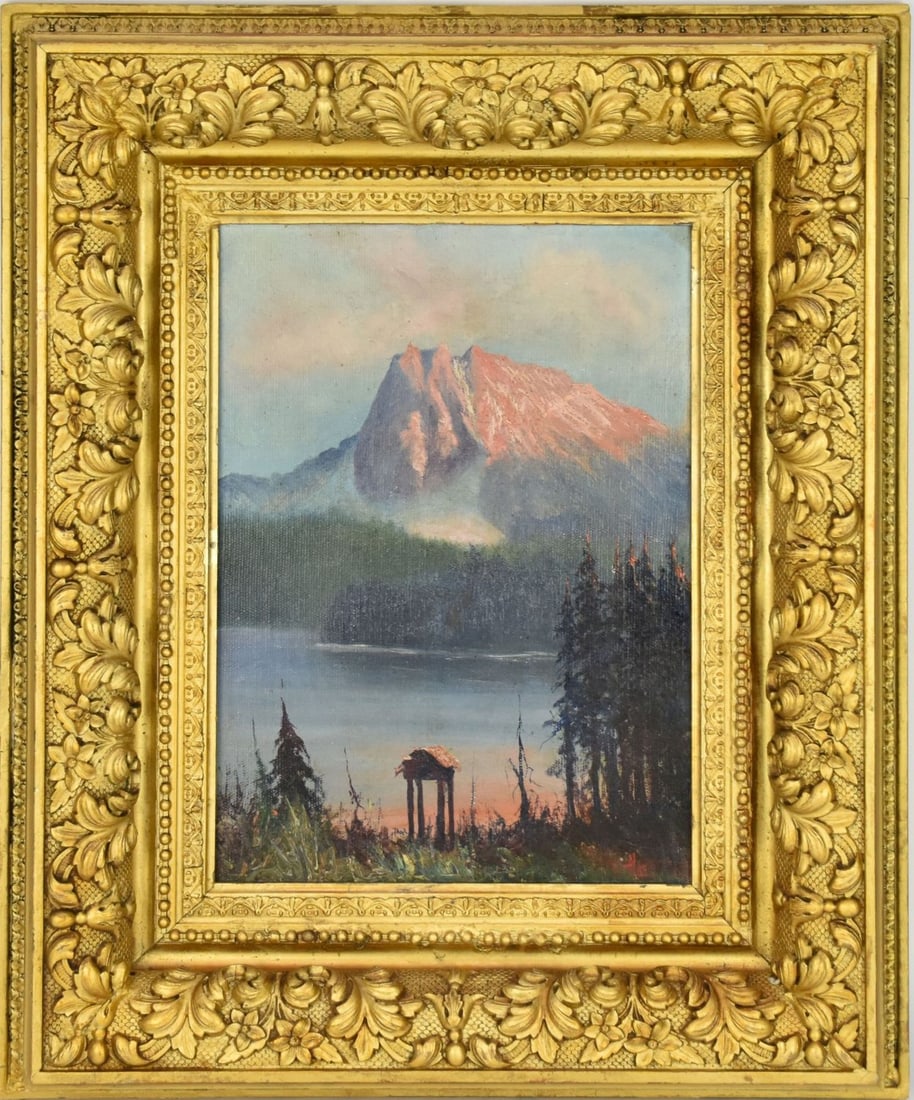 Leonard Lopp (American, 1888-1974) “sun mountain?? 1925, oil on canvas, traditional Alaskan food: Leonard Lopp (American, 1888-1974) “sun mountain” 1925, oil on canvas, traditional Alaskan food cache tower, early Alaska summer, Fairbanks Alaska, monogram signed lower right, signed on rever