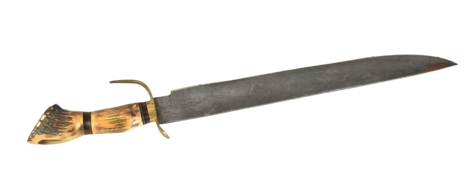Damascus Steel Bowie Knife, Elk Horn Handle, with leather sheath - 25" L. Condition: some light rust (1 of 8)