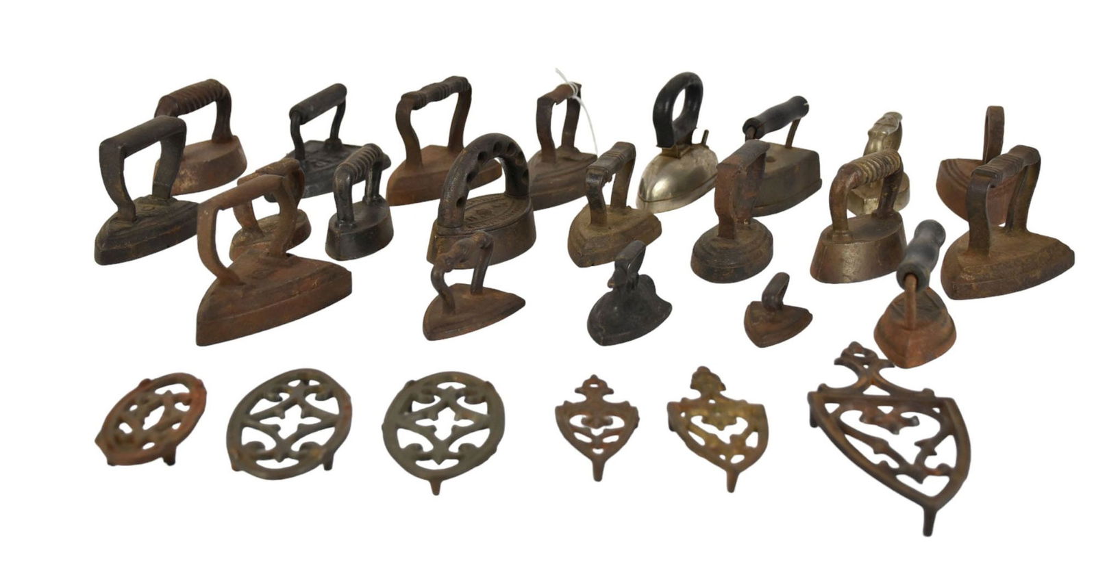 Group of Antique Miniature Toy Sad Irons & Trivets - A group of 21 miniature cast iron sad irons and (1 of 8)