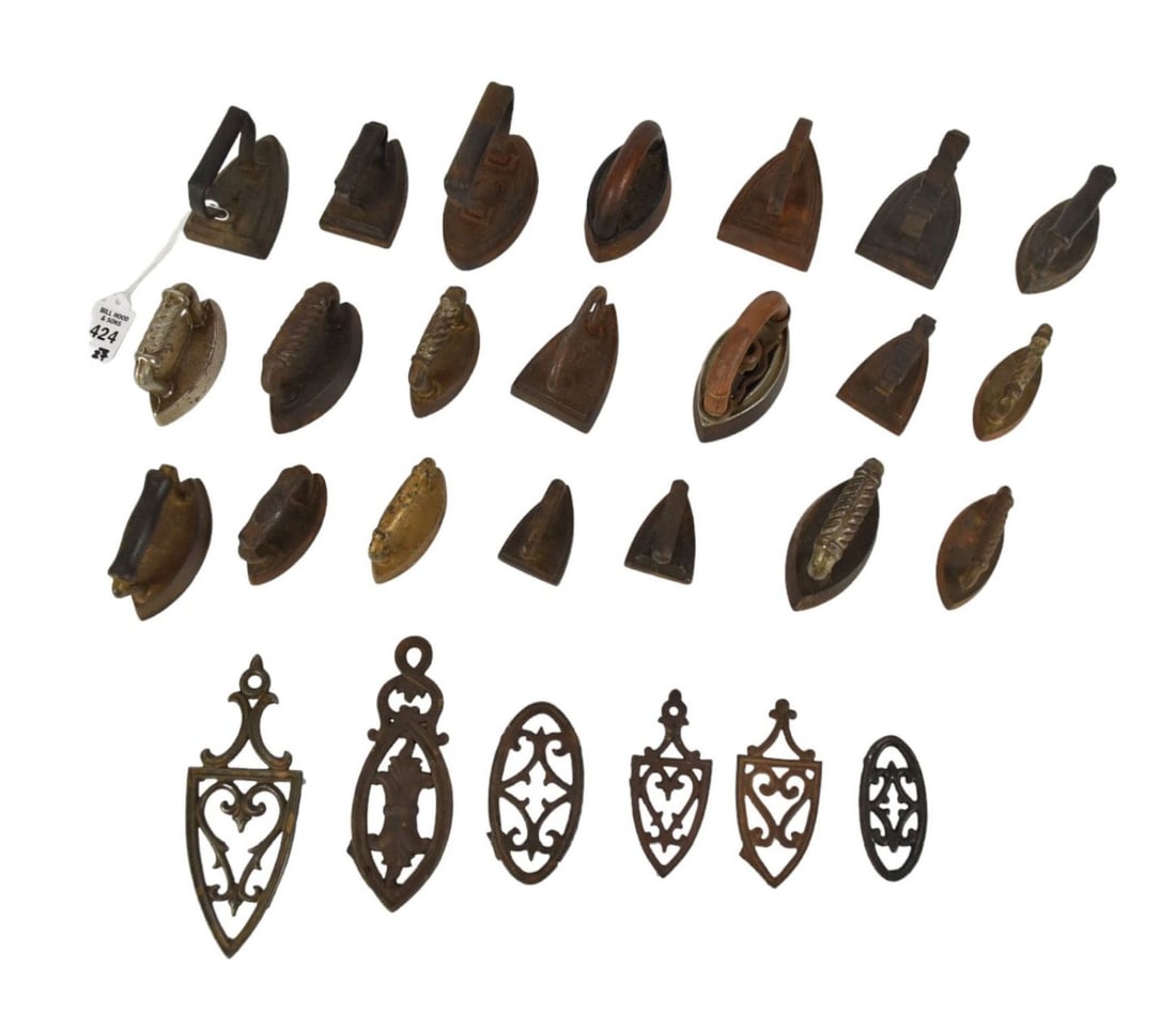 Group of Antique Miniature Toy Sad Irons & Trivets - A group of 21 miniature cast iron sad irons and (1 of 6)