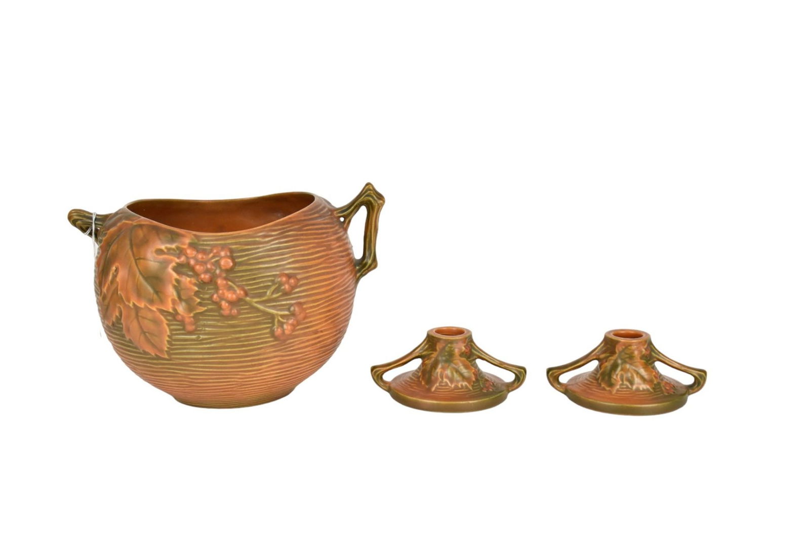 Roseville Pottery Bushberry Bowl & Candlesticks - Group of signed Roseville pottery, Russet color. (1 of 7)