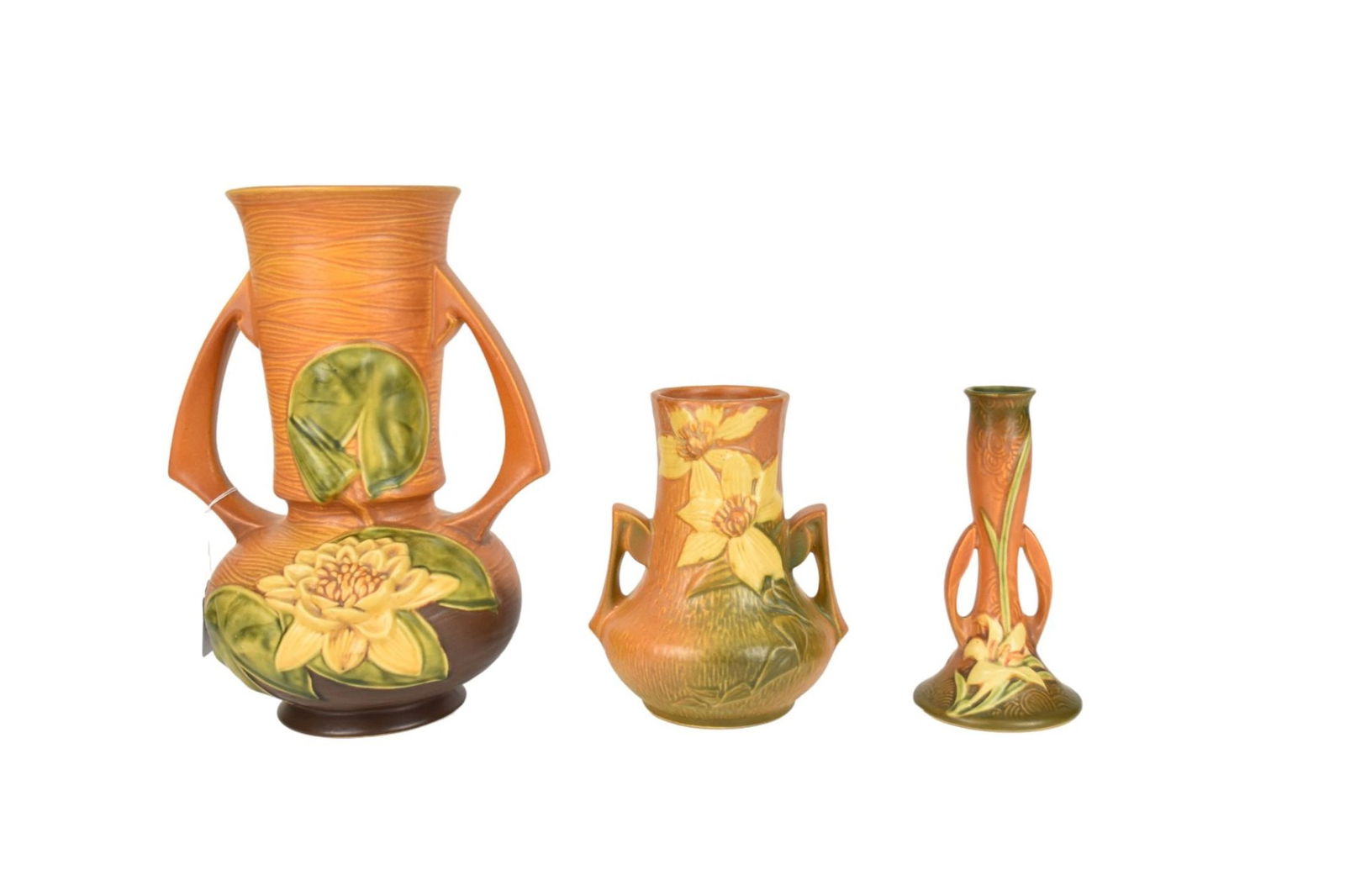 Three Roseville Pottery Vases - Grouping of vintage Roseville pottery. All in orange tones. Signed (1 of 9)