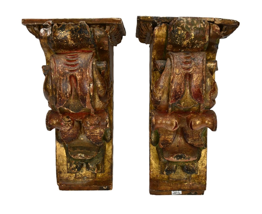 Pair Vintage Carved & Painted Corbels with Asian Influence, 17"H x 8 1/2"w x 7"d (1 of 7)