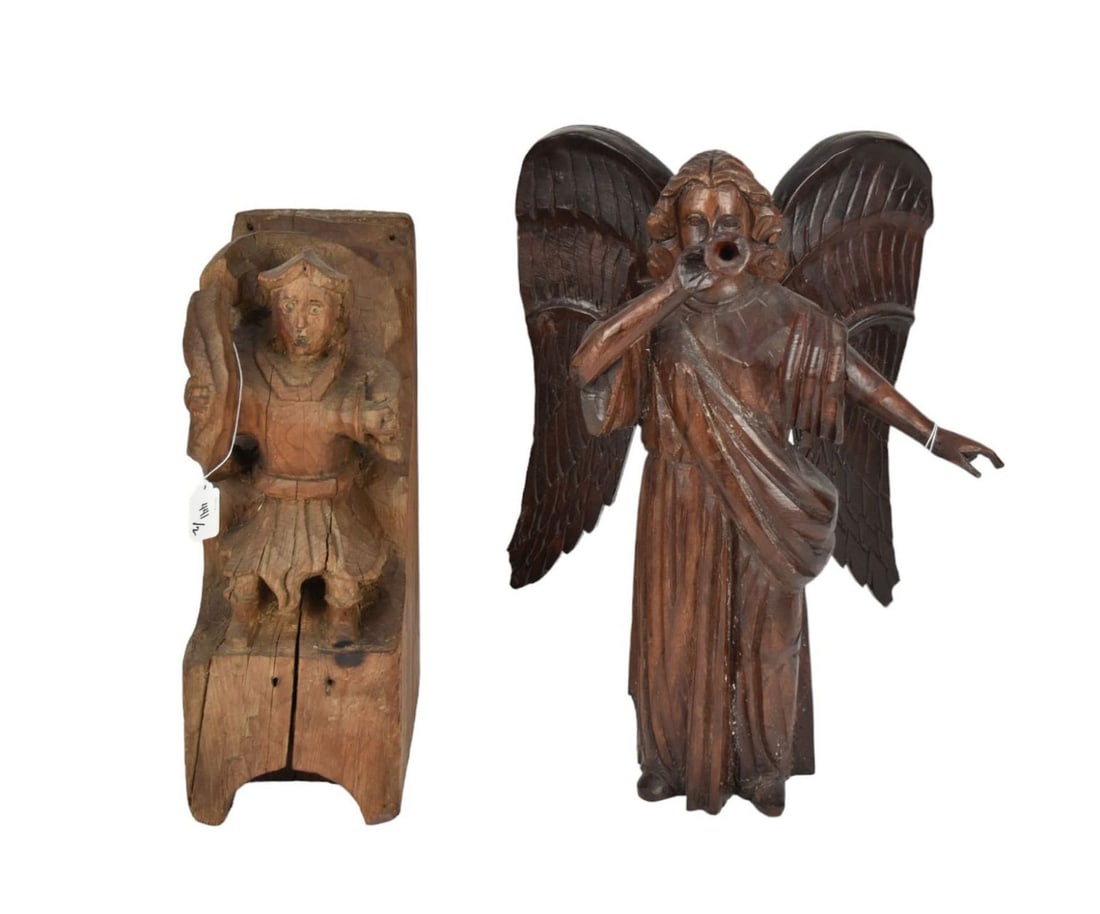 Carved Wood Vintage Angel & Carved Figure From Single Block of Wood, Angel 19 1/2"h x 13"w and Block (1 of 5)
