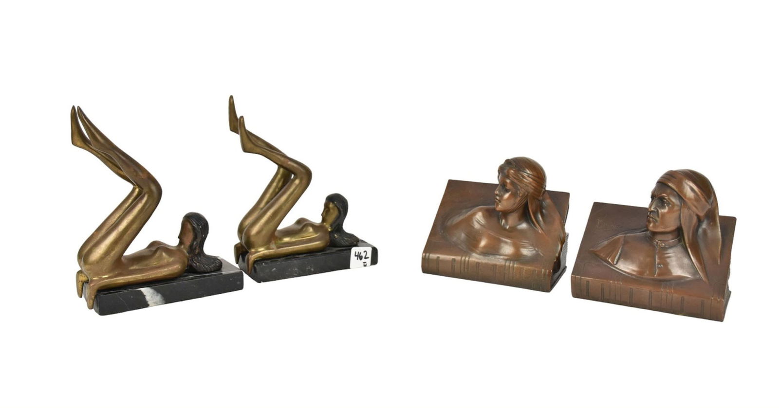 Two Pairs Bronze Bookends, Dante Beatrice & Nudes - Two pairs of vintage bookends. A) Dante &: Two Pairs Bronze Bookends, Dante Beatrice & Nudes - Two pairs of vintage bookends. A) Dante & Beatrice, probably by Jennings Bros, 5 1/2" h x 5 3/4" w. B) Nude female figure, on marble base, 8" h x 6"
