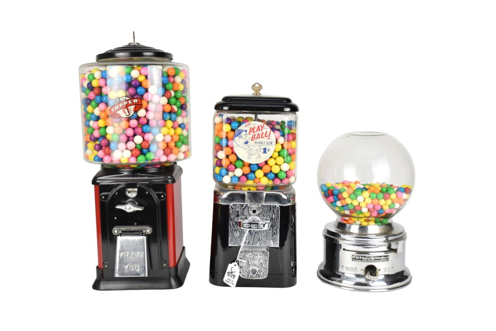 3 Vintage Gumball Machines, Round Ford Gum, Oak Paper Label Play Ball and Topper Label (1 of 7)