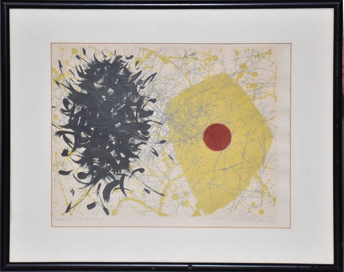 Tetsuo Ochikubo (American, 1923-1975) Lithograph "Cosmic Journey" , pencil signed and numbered: Tetsuo Ochikubo (American, 1923-1975) Lithograph "Cosmic Journey" , pencil signed and numbered 70-100, dated 1961. Sight is 11 1/4" x 14 3/4", the frame 16 3/4" x 20 3/4". Appears to be in loose and i