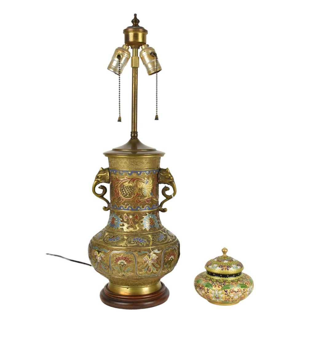 2 Cloisonne Pcs, Lamp with Brass Elephant Head Handles (25"h to finial) AND Covered Jar (5"h x 5 (1 of 10)