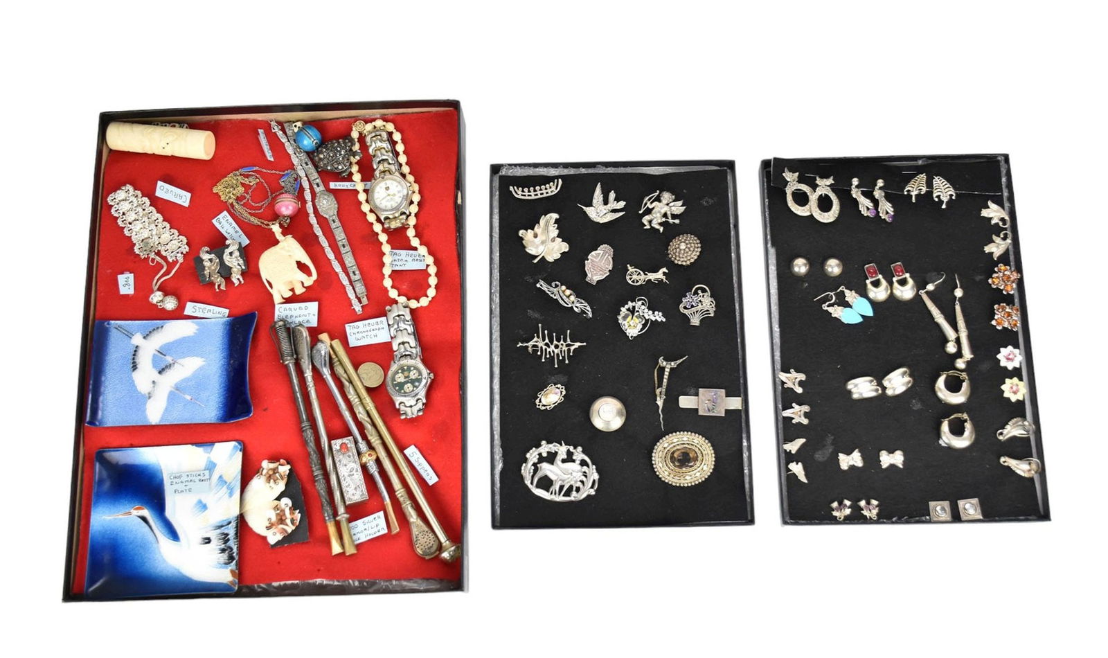 3 Box Lot Vintage Jewelry/Watches, Carved Elephant & Necklace, Dice Shaker, Enamel Ball Watches, (1 of 9)