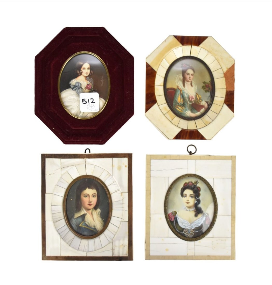 4 Miniature Painted Female Portraits, 3 Carved with Inlay, 1 Red Velvet (6 1/4"h x 5 1/2"w): 4 Miniature Painted Female Portraits, 3 Carved with Inlay, 1 Red Velvet (6 1/4"h x 5 1/2"w)