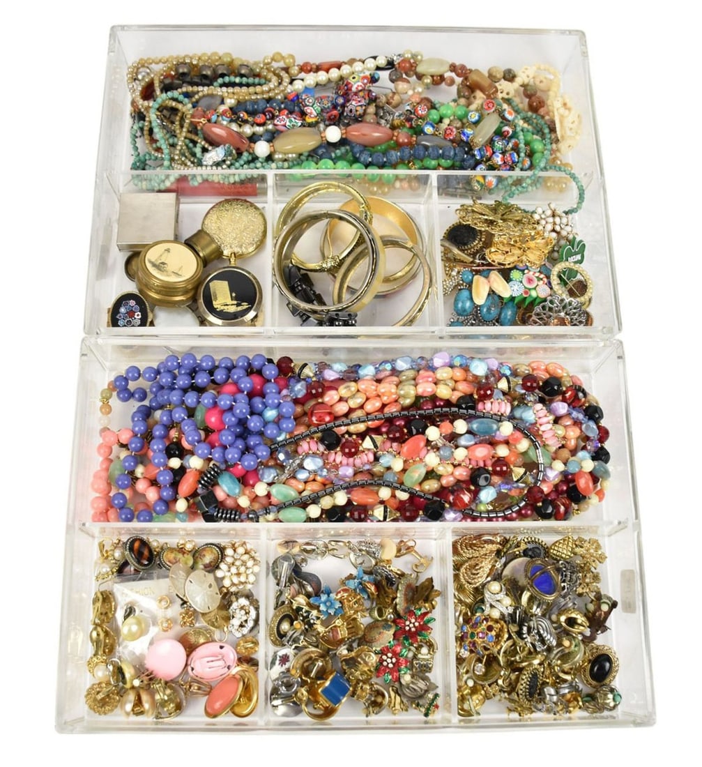 Costume Jewelry Lot. Necklaces, Bracelets, earrings, brooches, pill boxes etc. Most are wearable: Costume Jewelry Lot. Necklaces, Bracelets, earrings, brooches, pill boxes etc. Most are wearable missing some stones and minor gold loss