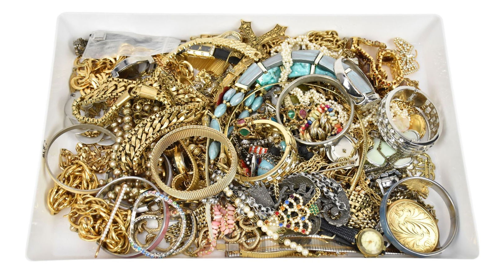 Gold & Silver Tone Costume Jewelry Lot. Necklaces, bracelets watches, brooches. Most wearable some (1 of 7)