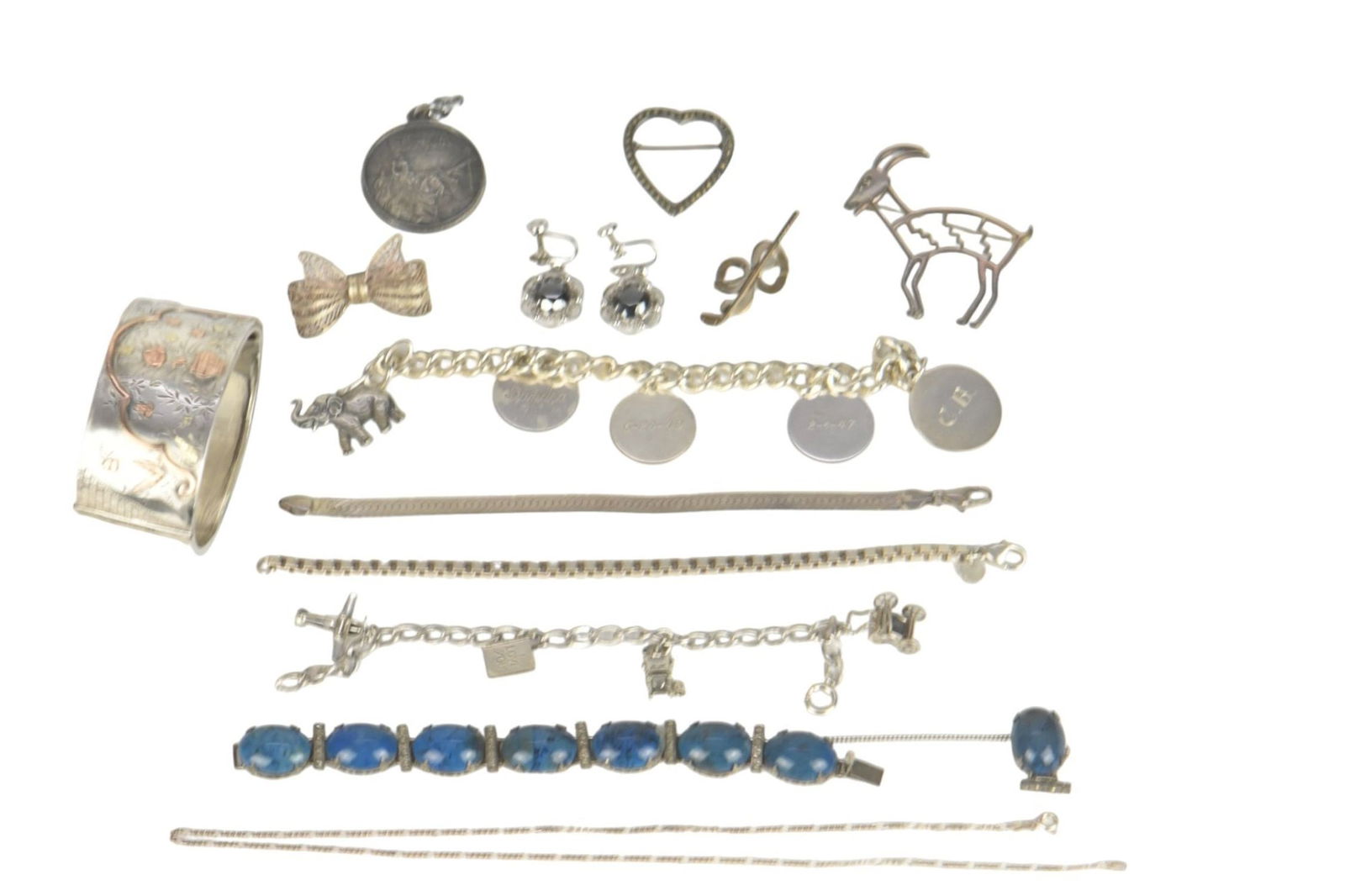 Sterling Silver Jewelry Lot. 6 Bracelets, 1 necklace, 4 brooches, 1 pendant and a pair of earring. (1 of 20)