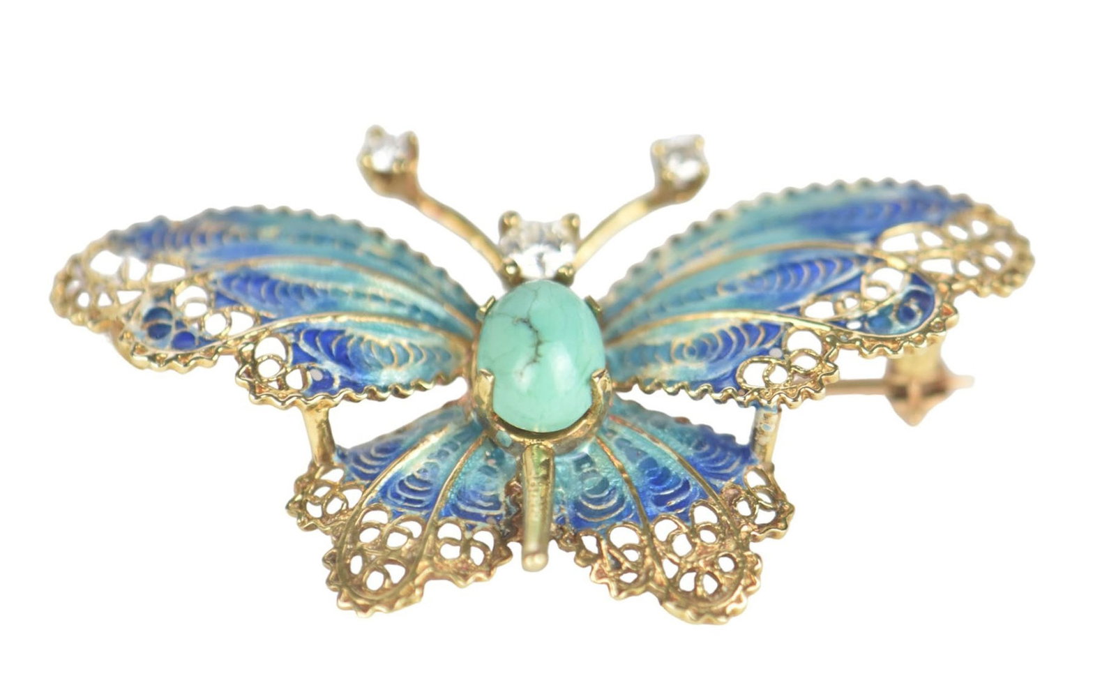 14K Yellow Gold Enamel turquoise Diamond butterfly Pendant.  2" x 1" Diamond .25 tcw Siii F-G (1 of 7)