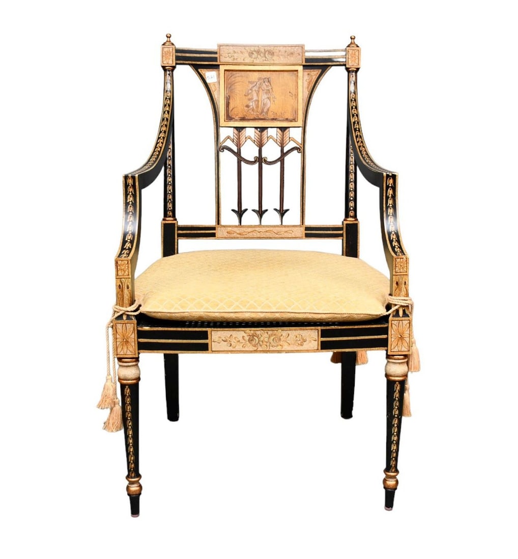 Decorative Crafts Inc. Sheraton Style Armchair, 20th/21st Century, With painted and gilt decoration, (1 of 9)