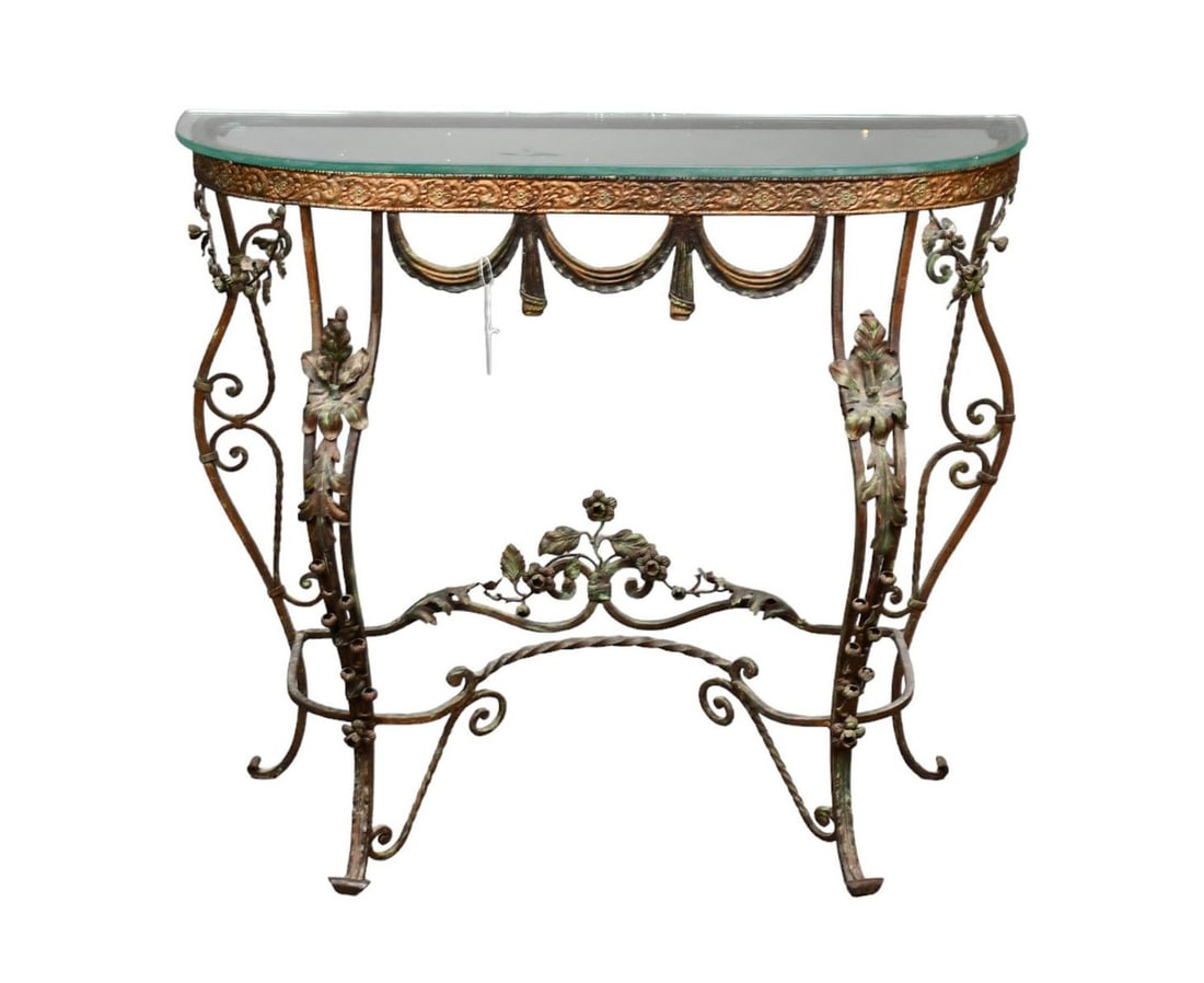 Vintage Iron Console with Drape & Foliate Design with Glass Top, 30 1/2"h x 35"w x 11 1/2"d: Vintage Iron Console with Drape & Foliate Design with Glass Top, 30 1/2"h x 35"w x 11 1/2"d