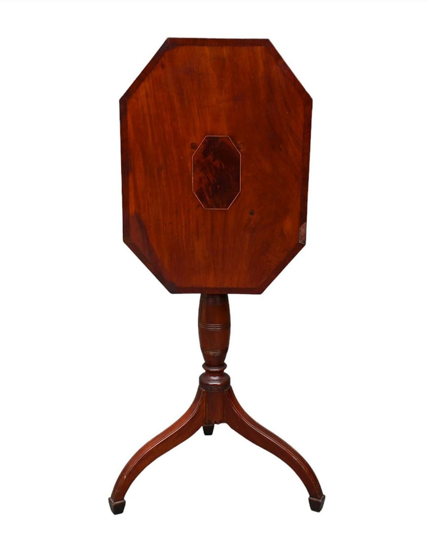 Tilt Top Table, Octagonal Shape Top with Inlay Center, Checkered Rim on Trifed Base, 29"H x 21"w x (1 of 10)