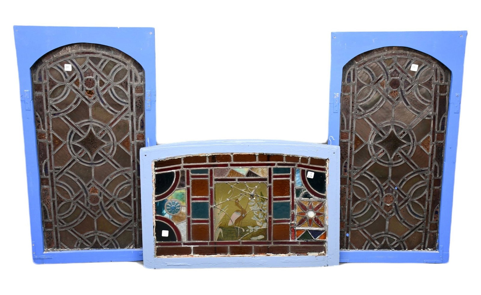 3 Stained Hanging Leaded Glass Panels with Periwinkle Painted Wood Frames, 39"h x 21"w largest (1 of 10)