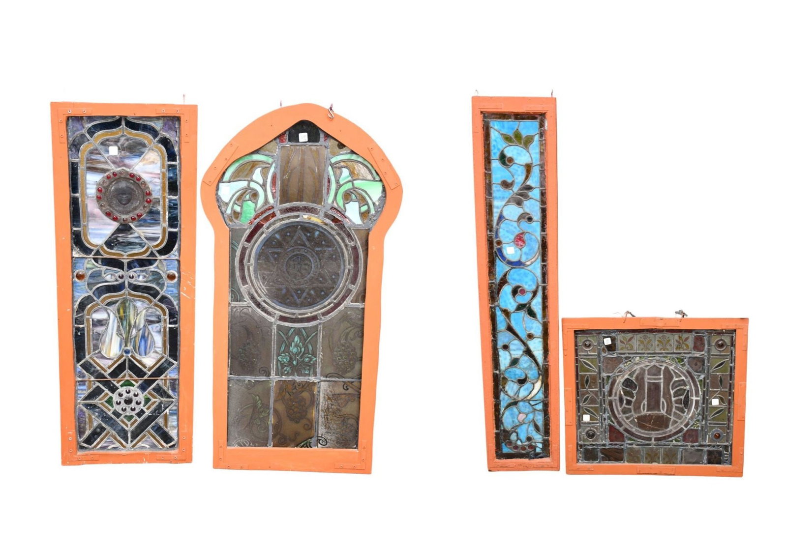 4 Assorted Stained Glass Panels in Orange Frames, 21 1/2"h x 32"w largest (1 of 19)