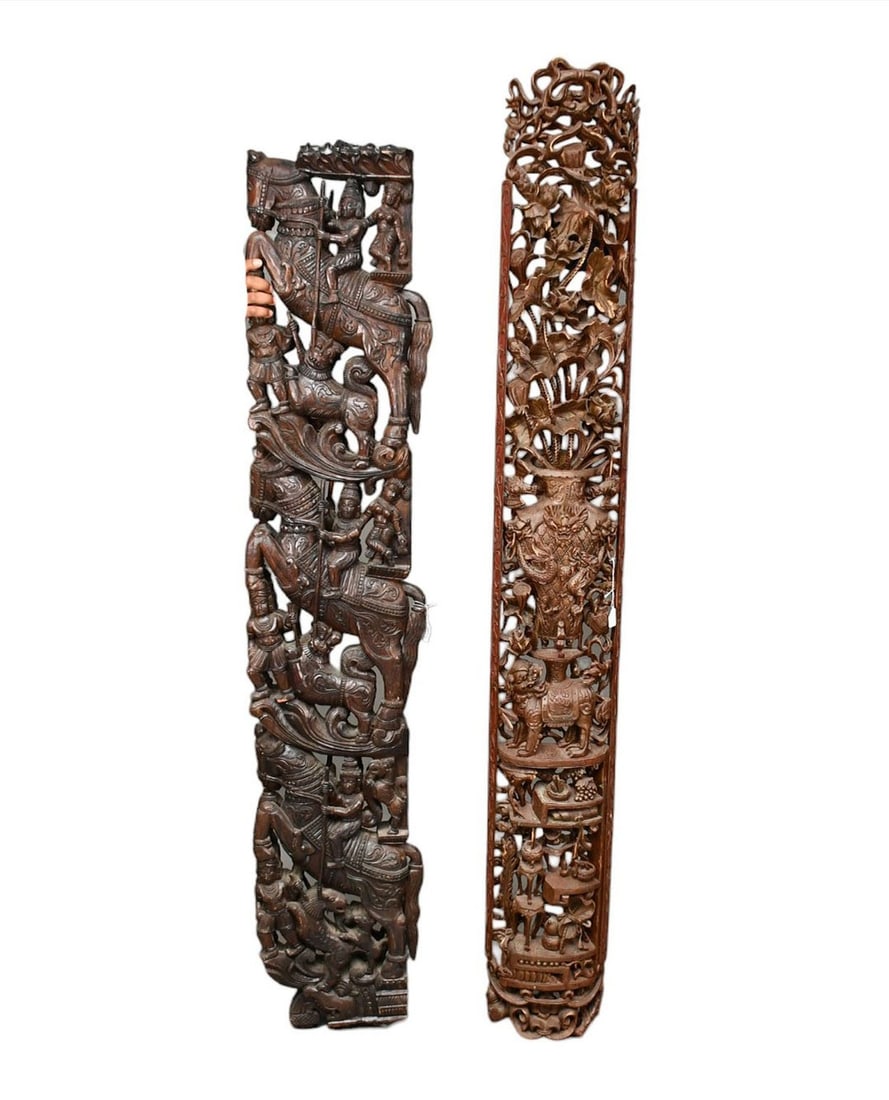 2 Carved Panels, Chinese in Burnished Gold/Red, Vase, Lily Pads & Elephants Motif and Tibetan (1 of 10)