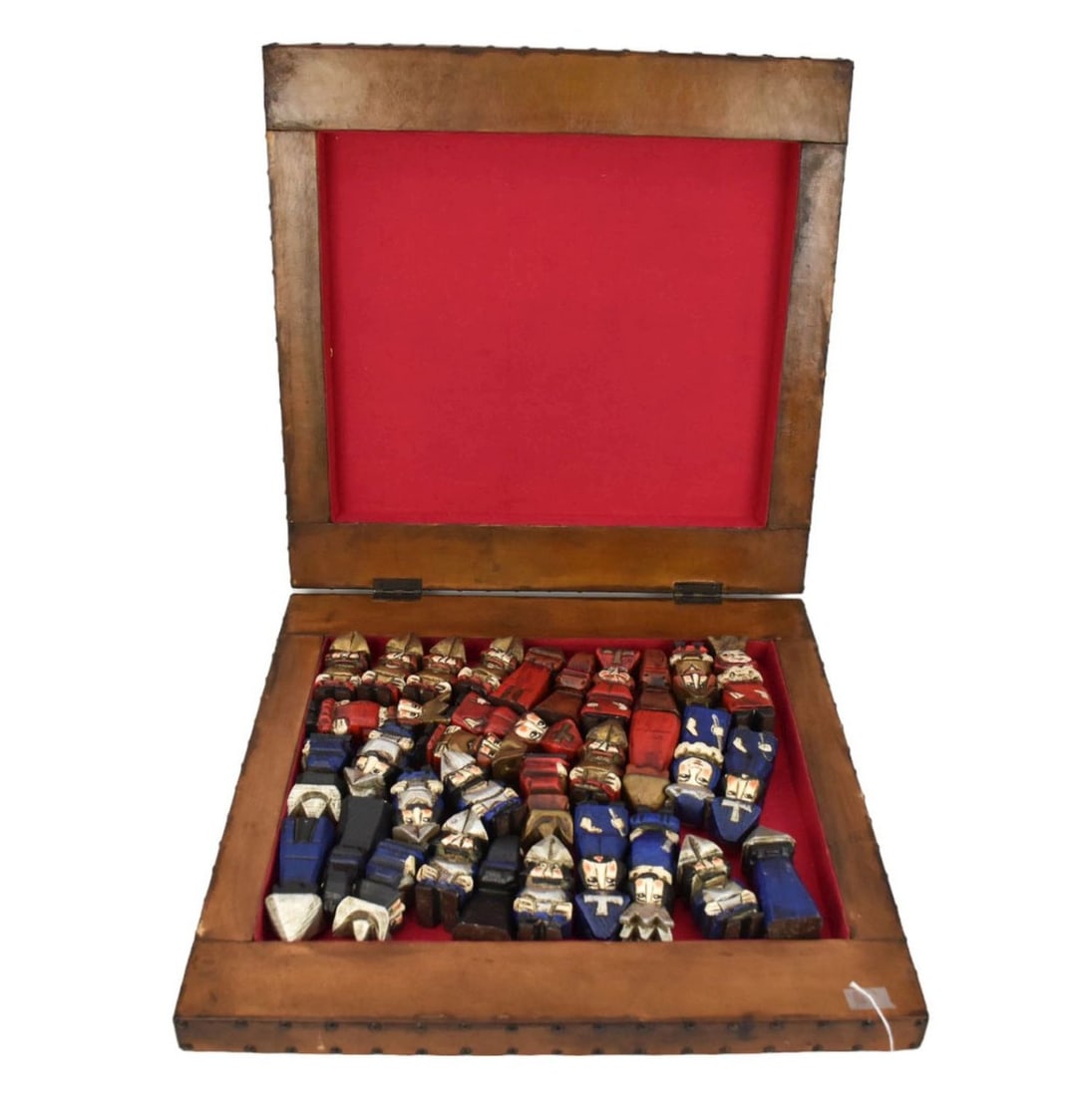 Leather wrapped chess box with brass studs with hand-carved figures inside. Chess Box - 21 5/8" x 21 (1 of 8)