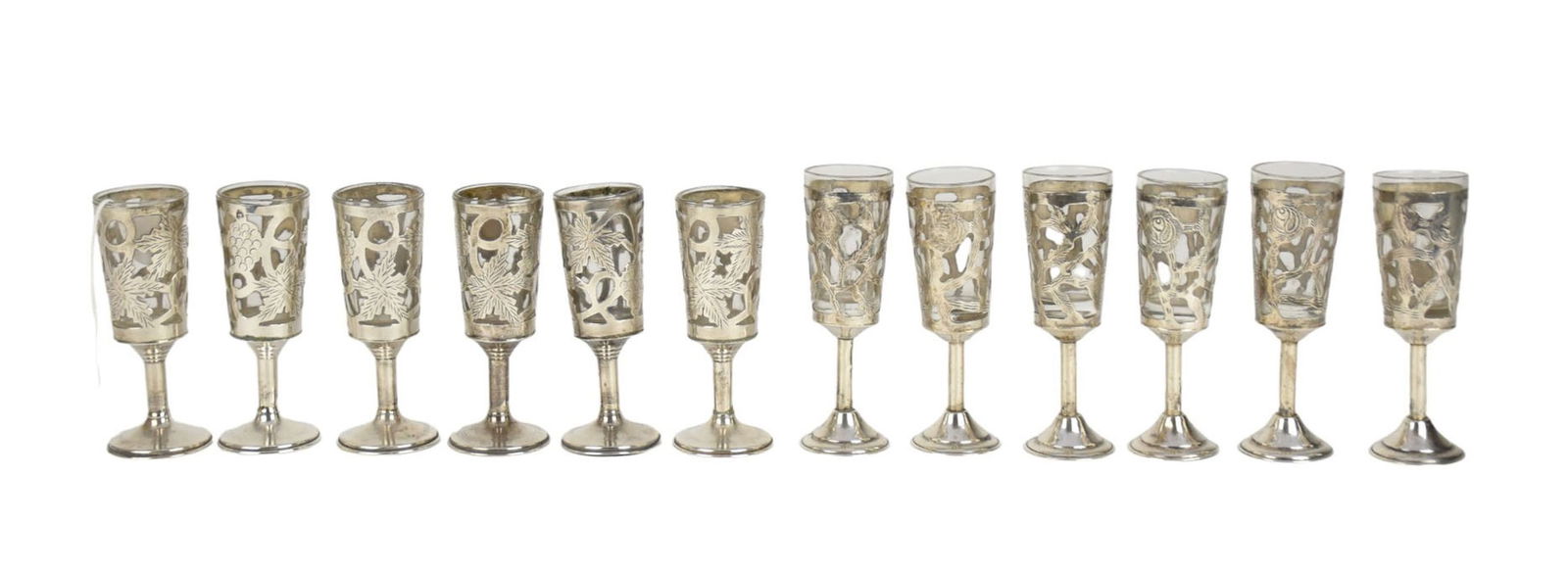 12 Mexico Sterling Overlay Cordial Glasses - A set of 12 cordial glasses with sterling overlay and (1 of 5)