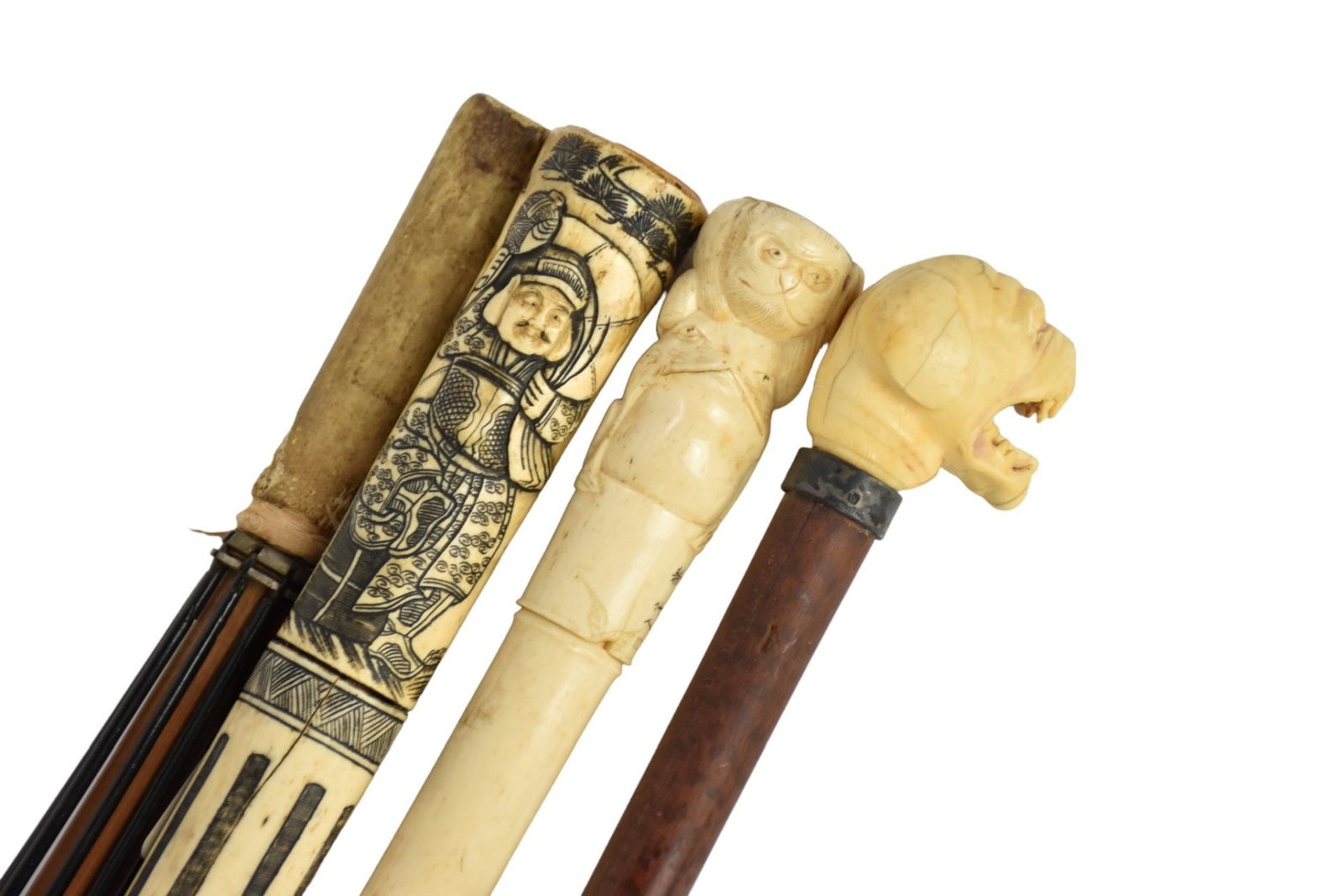 4 Assorted Antique Canes, Carved Bone, Landscapes, Animal Heads, Some Signed: 4 Assorted Antique Canes, Carved Bone, Landscapes, Animal Heads, Some Signed