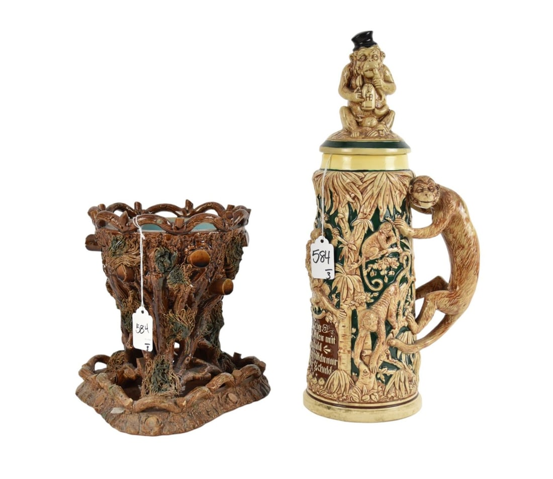 Majolica Planter & Underplate Together with a Beer Stein - A ceramic planter, 8" h,  naturalistic (1 of 10)