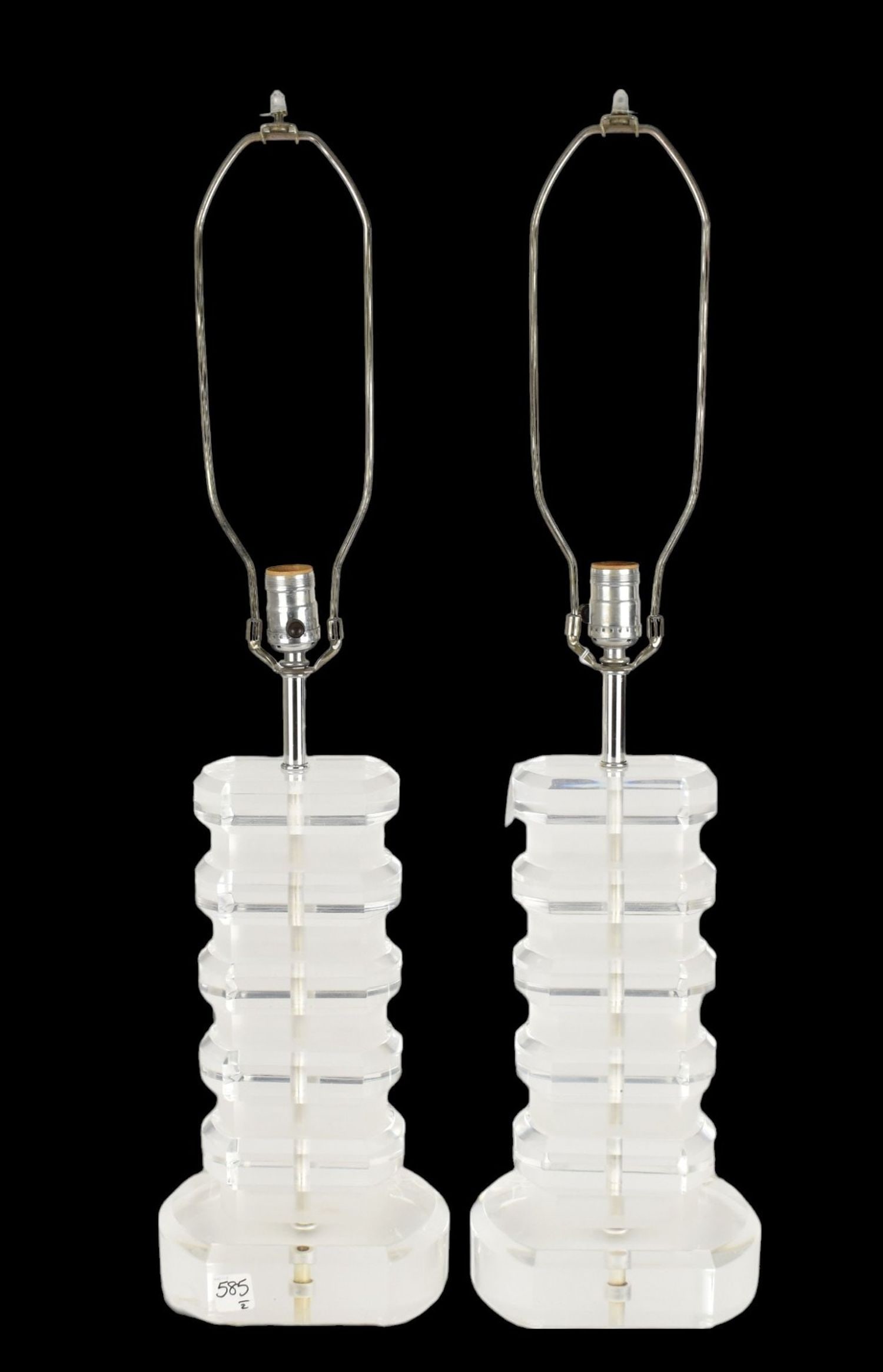 Pair Stacked Geometric Karl Springer Style Lucite Lamps, C. 1970s - A pair of clear and frosted (1 of 9)