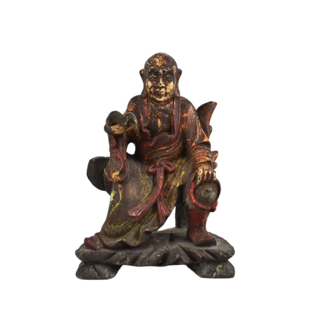 Antique Chinese Carved Wood Figure - A carved wood figure of a man sitting on a bench and reading a (1 of 7)