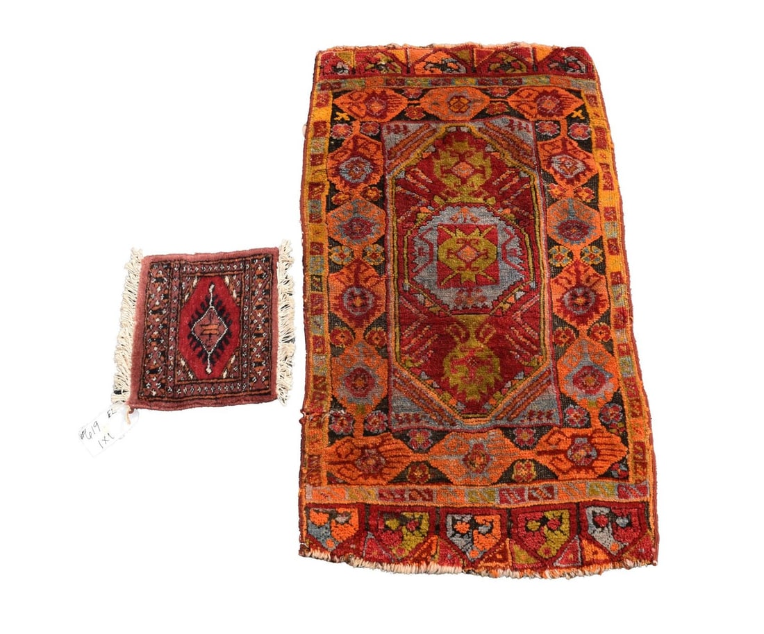 2 Pcs, One Carpet (2'x 3'6") Worn Fringe & torn side AND Small Placemat (1' x 1'): 2 Pcs, One Carpet (2'x 3'6") Worn Fringe & torn side AND Small Placemat (1' x 1')