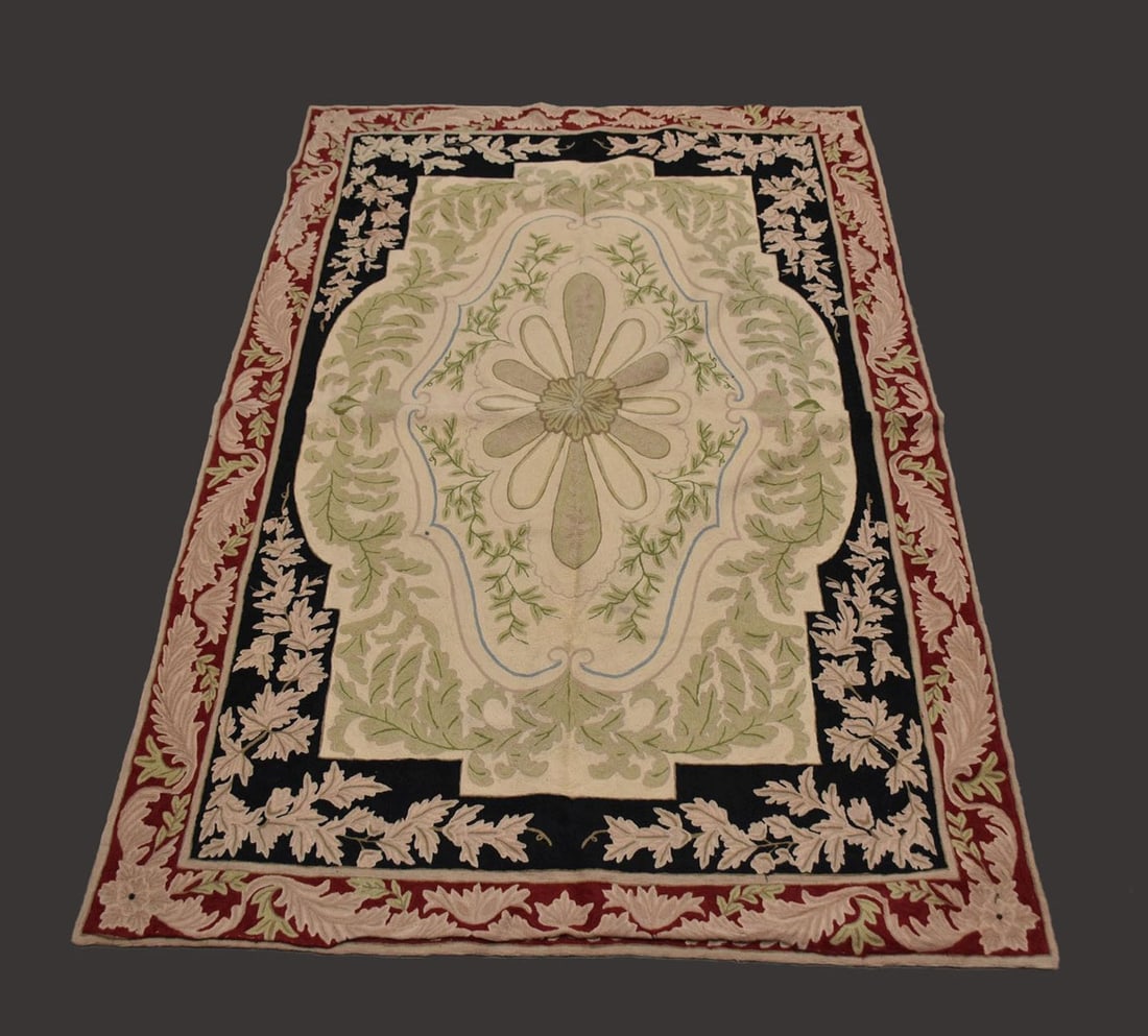 2 Needlepoint Rugs, Red, Black & Beige (5'10" x 3'10") and Pink Flowers with White Border (6'2" x (1 of 4)