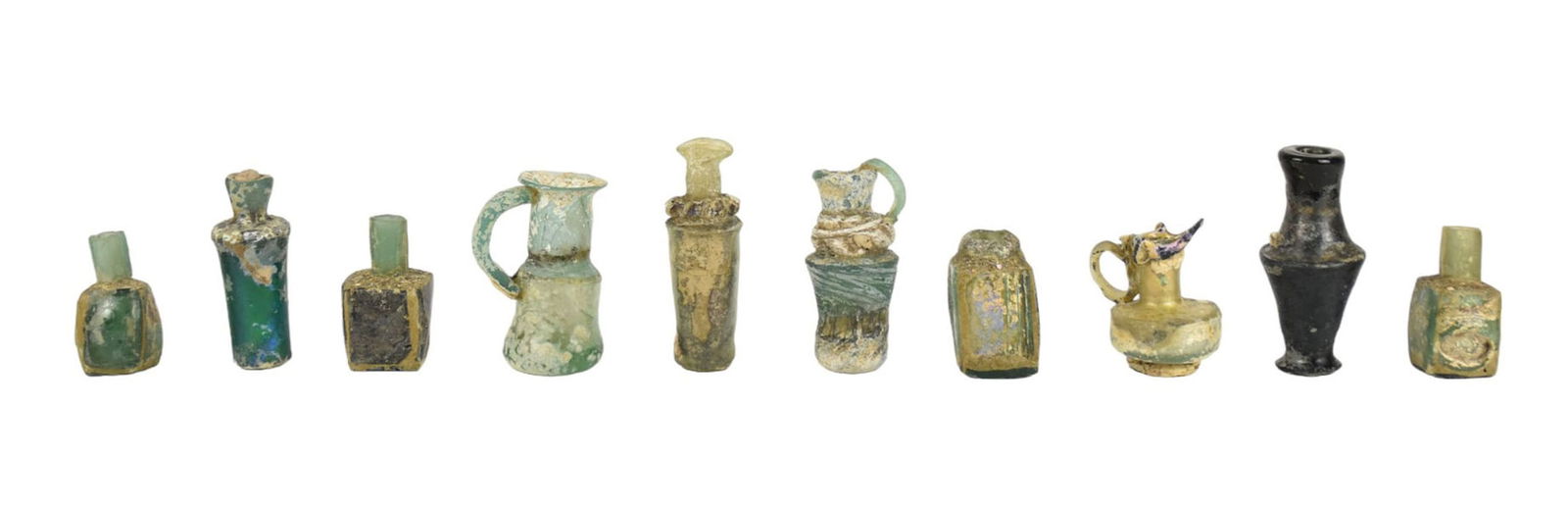 Ten Ancient Roman Glass Bottles, C. 100 BCE to 400 CE - A group of early Roman glass bottles and (1 of 6)