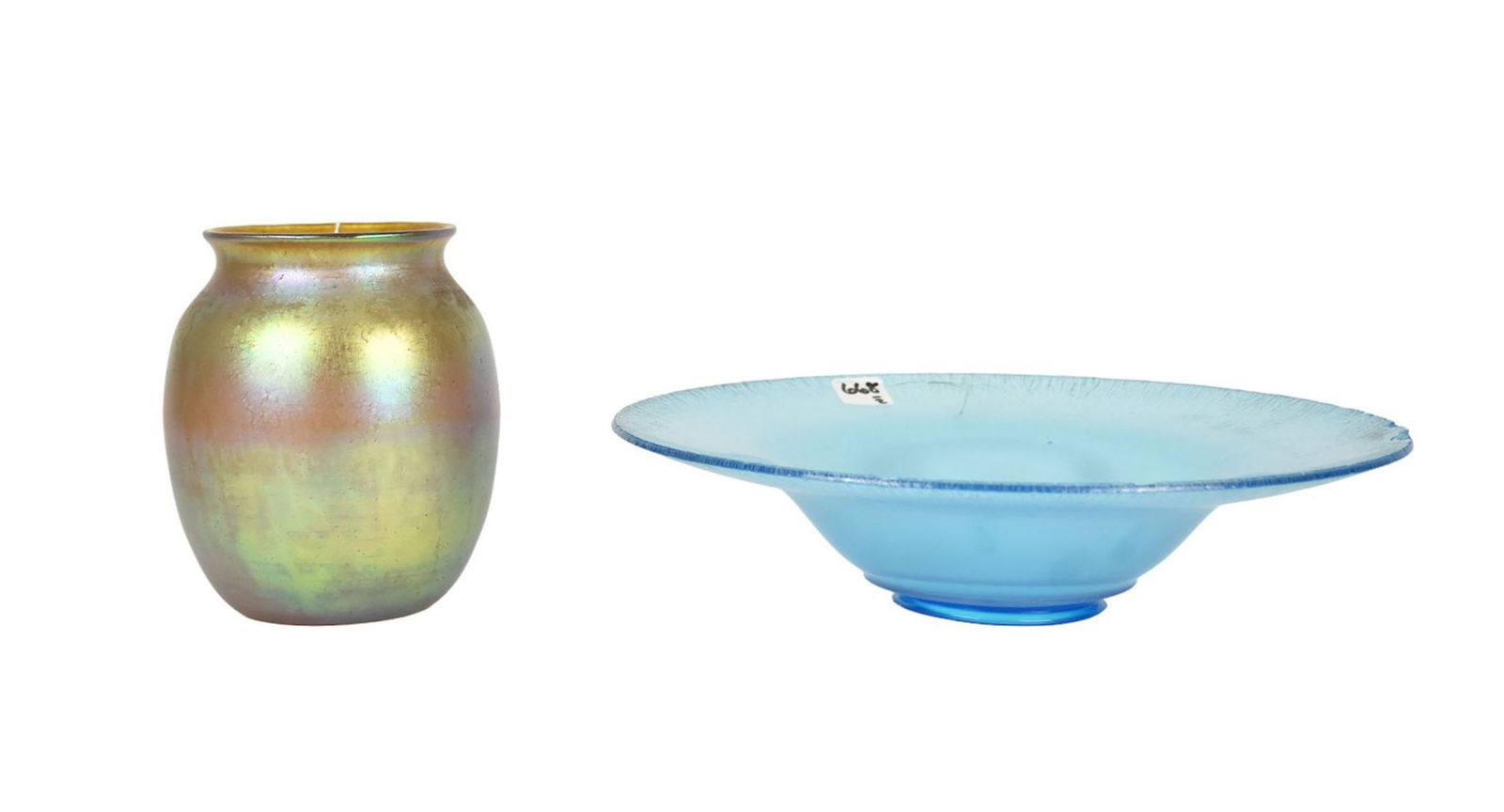 Favrile Glass Vase and Blue Centerpiece Bowl - An iridescent amber-colored vase, unsigned, polished (1 of 7)