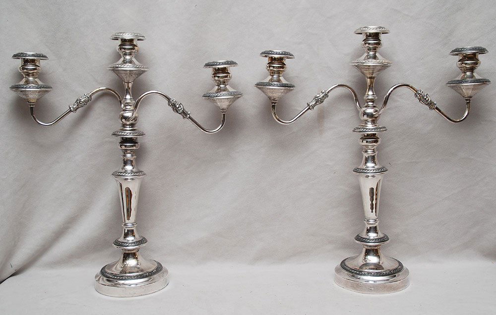 Pair silver plate 3 arm candelabra, 19 1/2"h: Pair silver plate 3 arm candelabra, 19 1/2"h