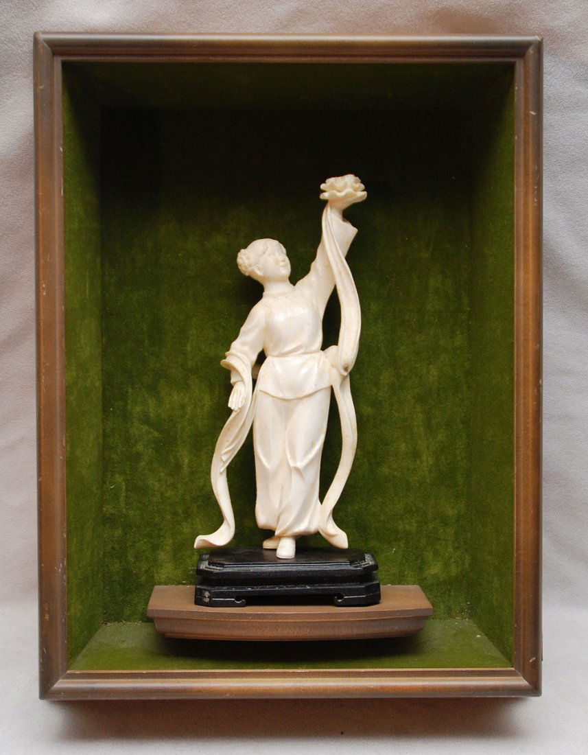Chinese cultural revolution carved ivory lady danc: Chinese cultural revolution carved ivory lady dancing, 7-3/4" tall on stand in shadow box