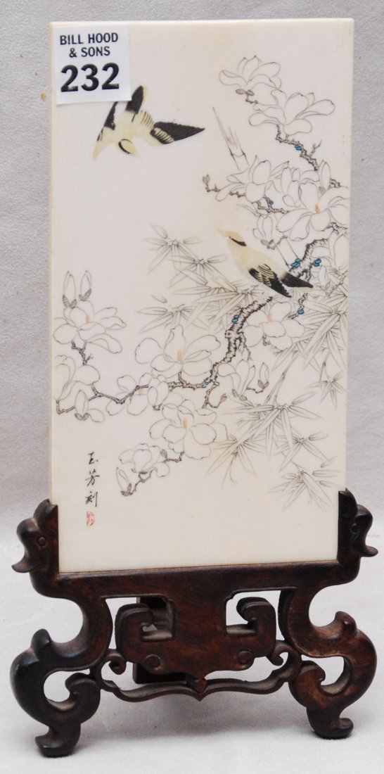 Old Chinese ivory table screen / plaque, bird and: Old Chinese ivory table screen / plaque, bird and flower motif, artist signed, wood carved stand, 7 3/8"h
