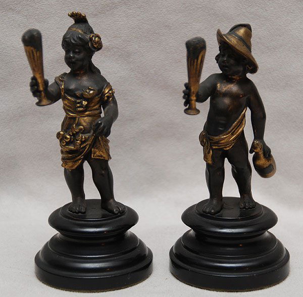 Pair of small bronze figures on attached stands, f: Pair of small bronze figures on attached stands, figures are 3 1/4"h