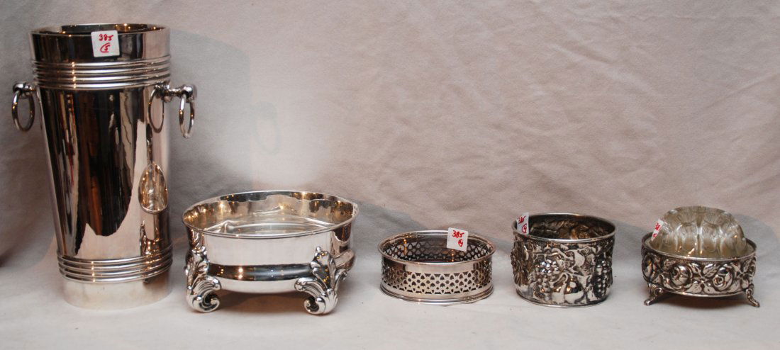 5 silver plate items, incl; footed bowl (4"h x 7: 5 silver plate items, incl; footed bowl (4"h x 7 1/2"dia), 2 wine coasters, footed bowl with glass frog and wine cooler (12"h)